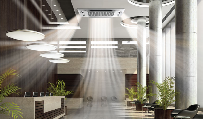 Modern, plant-filled office lobby with illustrated visible airflow coming from the vents