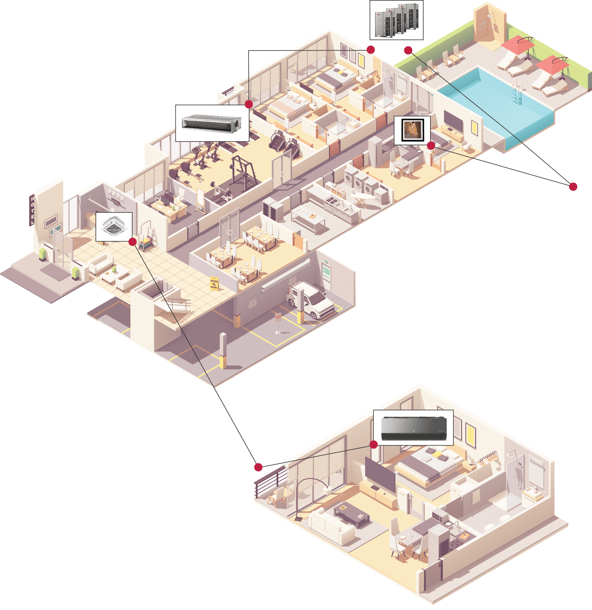 Illustrated cross-section of one hotel level, including lobby, sleeping and exercise areas